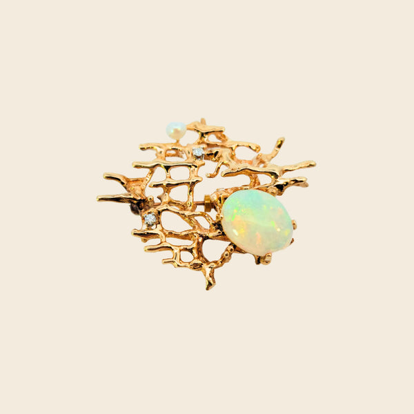 Opal Gold Brooch Set With Pearl & Diamonds 14K