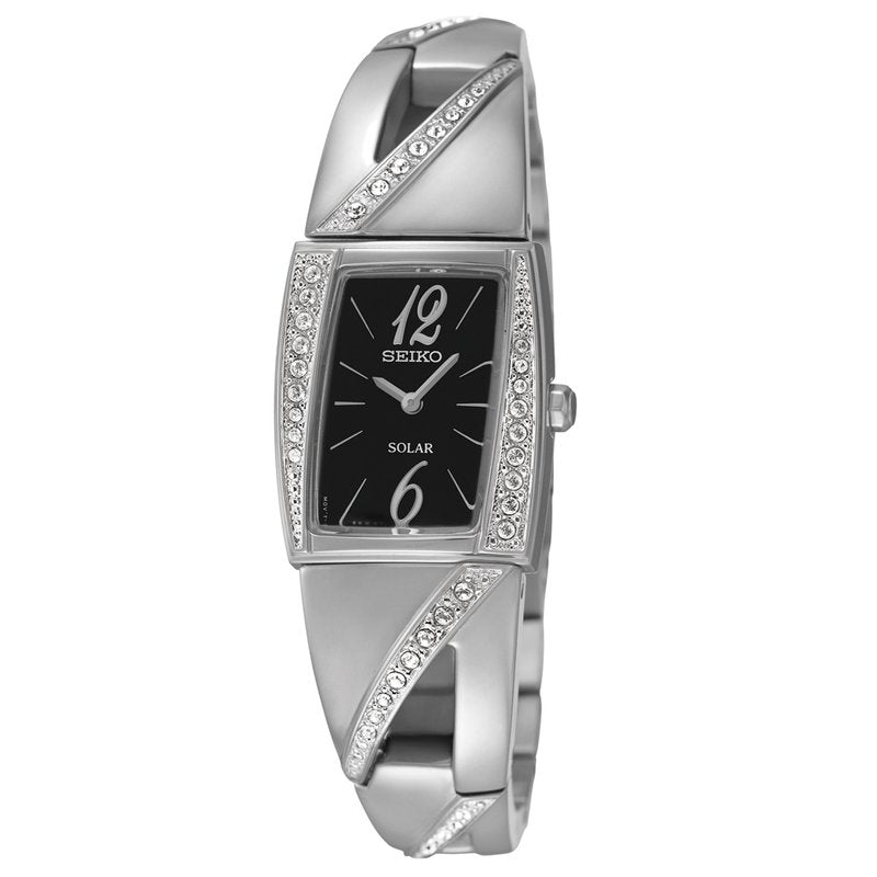 Seiko SUP245 Solar Stainless Steel Swarovski Crystal Accented Black Dial Women's Watch