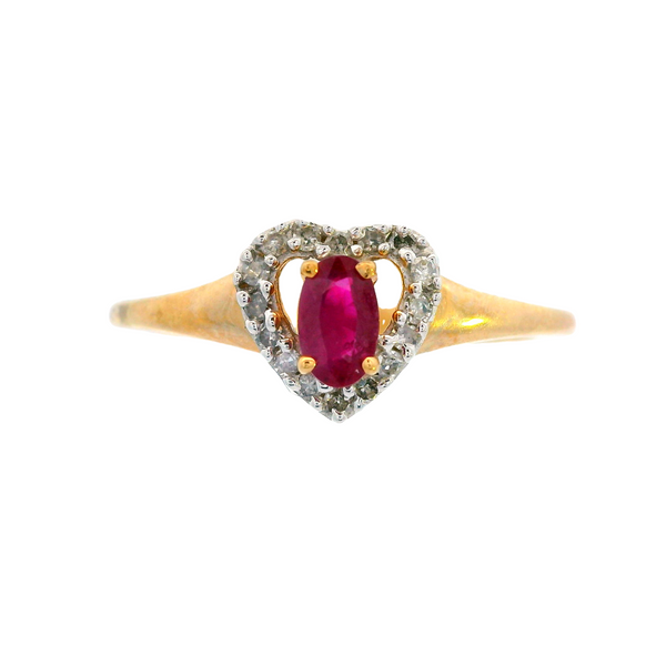 10K Yellow Gold Heart Shape Ring Set W/ Ruby & Diamonds