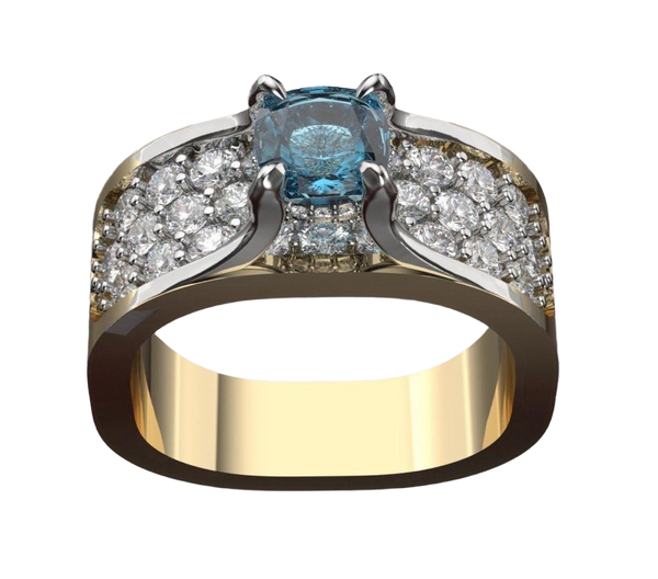 14K Multi-Row Diamond Ring With Blue Diamond
