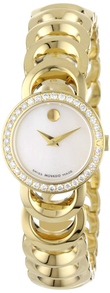 Ladies Movado Rondiro Mini Gold-Plated Diamond Bezel Black Museum Dial Watch. Model 0606467#